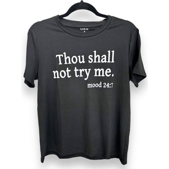 Shein Women’s Medium “Thou Shall Not Try Me” Black Short Sleeve T-shirt • BNIB - Picture 5 of 10